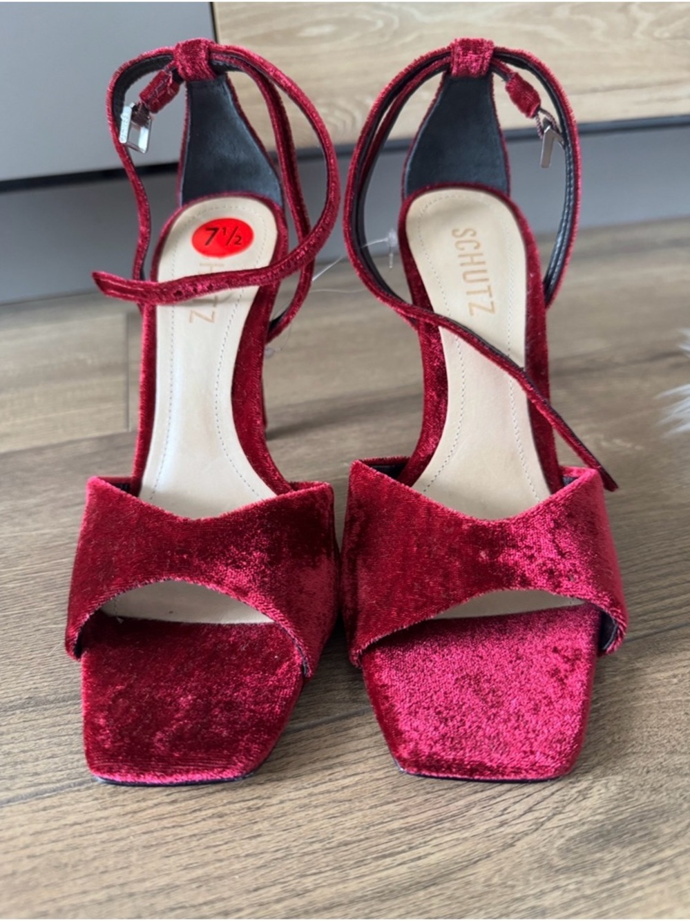 SCHUTZ Fuchsia Velvet Open-Toe Ankle-Strap Stilettos